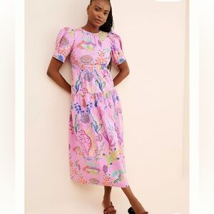 BANJANAN Valeria Midi Dress size Medium Pink Sea Beach‎ Print Puff Sleeves